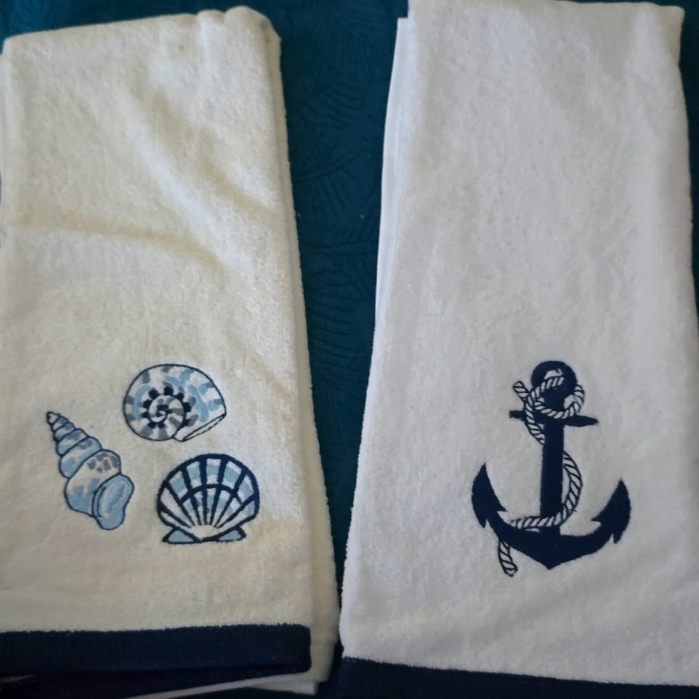 2 Pc Summer Nautic Bath Hand Towels Shells Anchor 100% Cotton